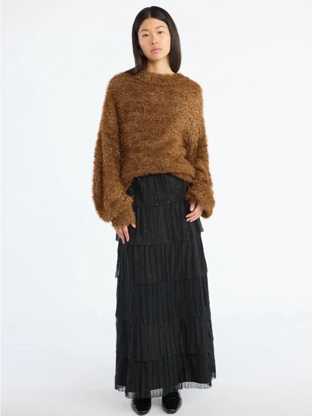 Black Tiered Maxi Skirt with Subtle Sparkle